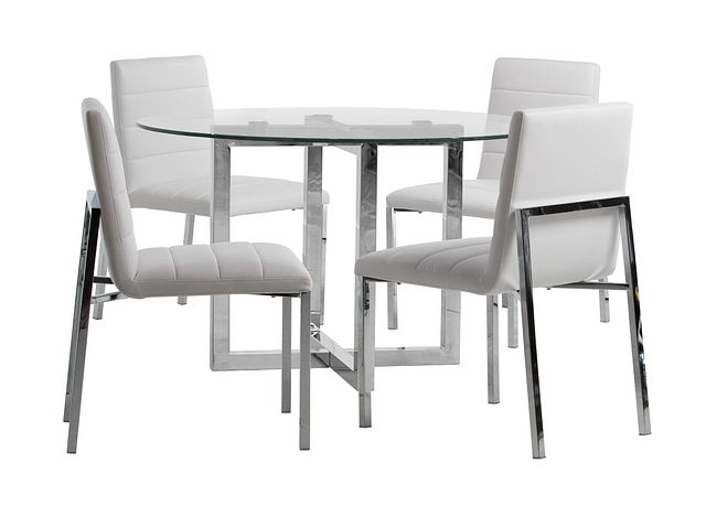 Amalfi White Glass Round Table & 4 Upholstered Chairs