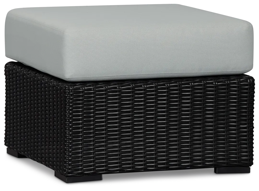 Montecito Black Small Ottoman With Light Blue Cushions