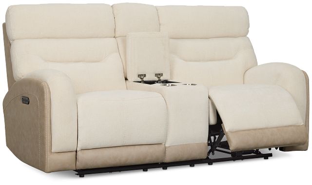 Travis Light Beige Fabric Power Reclining Console Loveseat