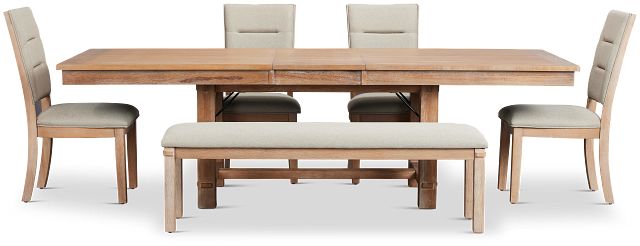 Park City Light Tone Rect Table With 4 Upholstered Side Chairs & Bench