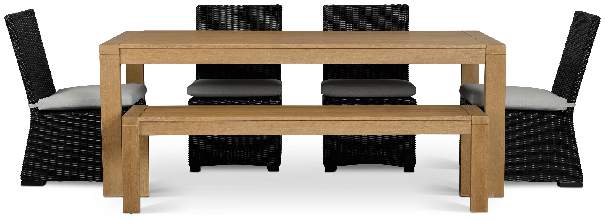 Montecito Mid Tone Table, 4 Chairs & Bench With Light Blue Cushions