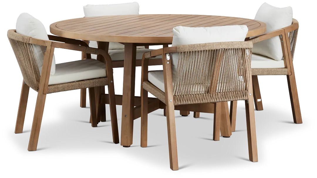 Laguna Light Tone Round Table & 4 White Cushioned Chairs