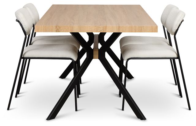 Lynden Light Tone Rect Table & 4 White Metal Upholstered Side Chairs
