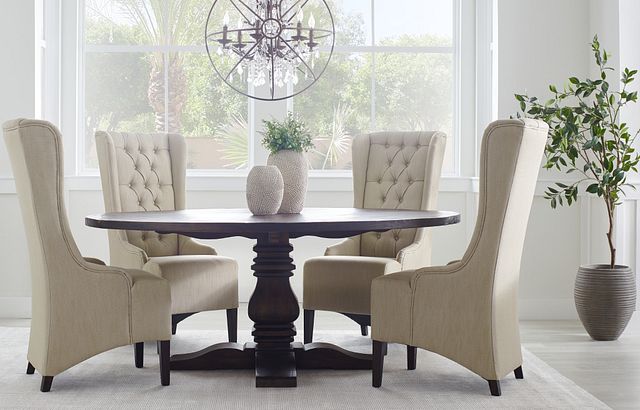 Hadlow Mid Tone 72 Round Table 4, Round Dining Table With 4 Upholstered Chairs