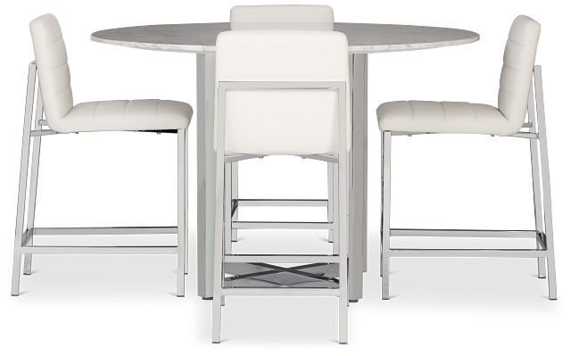 Amalfi White Marble High Table & 4 Upholstered Barstools