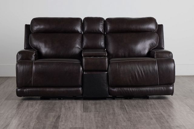 Valor Dark Brown Leather Power Reclining Console Loveseat