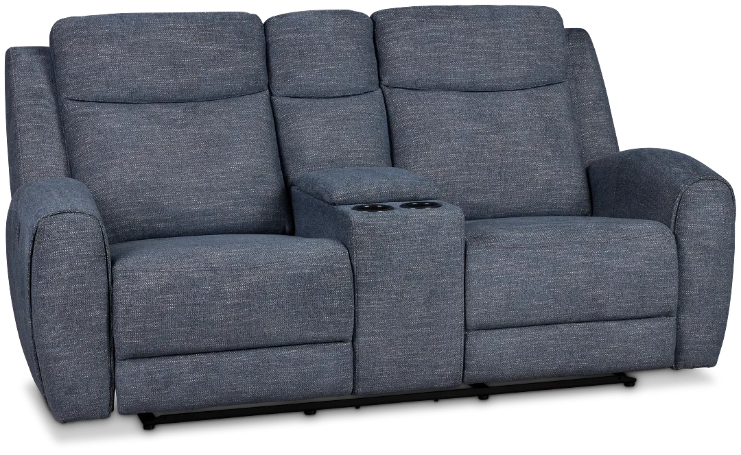 Walker Blue Fabric Power Reclining Console Loveseat W/ Power Headrest