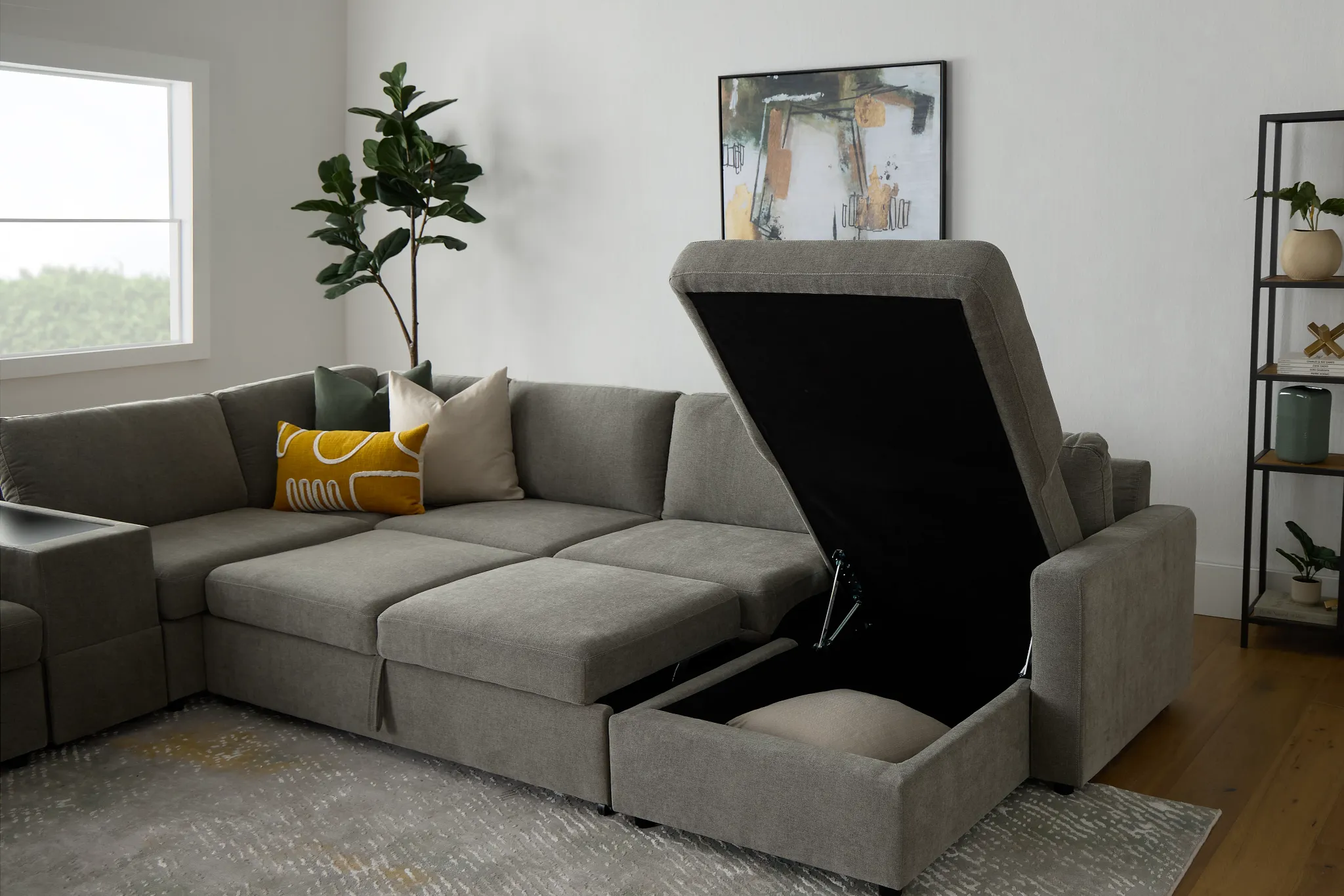 Addie Gray Fabric Medium Right Chaise Sleeper Sectional With Console