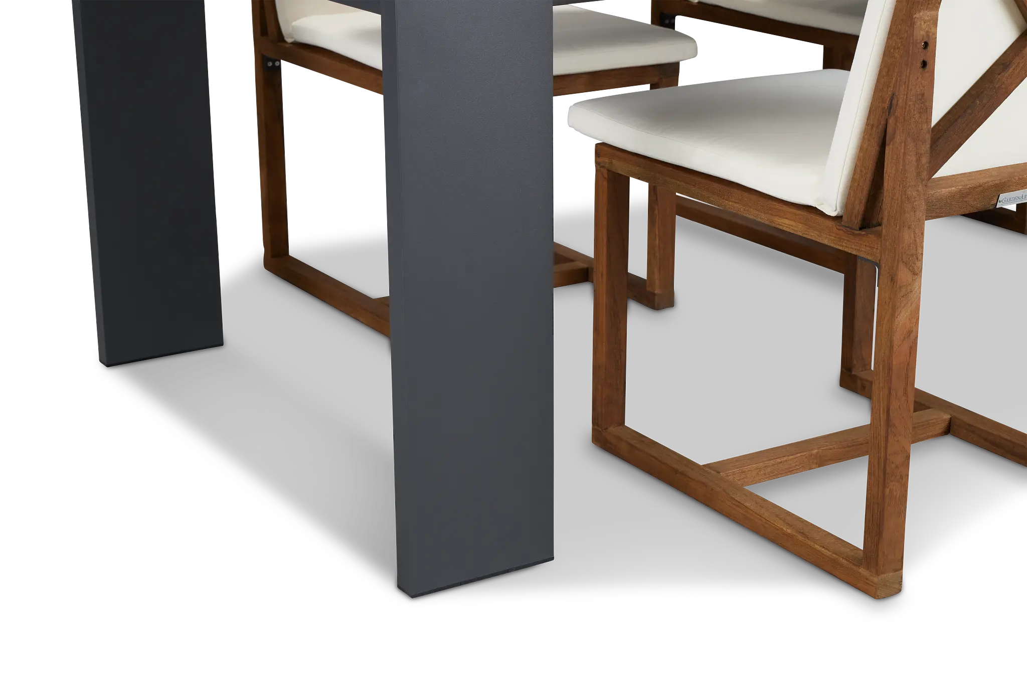 Linear Dark Gray White 87" Aluminum Table & 4 Teak Cushioned Side Chairs Linear Dark Gray White 87" Aluminum Table & 4 Teak Cushioned Side Chairs