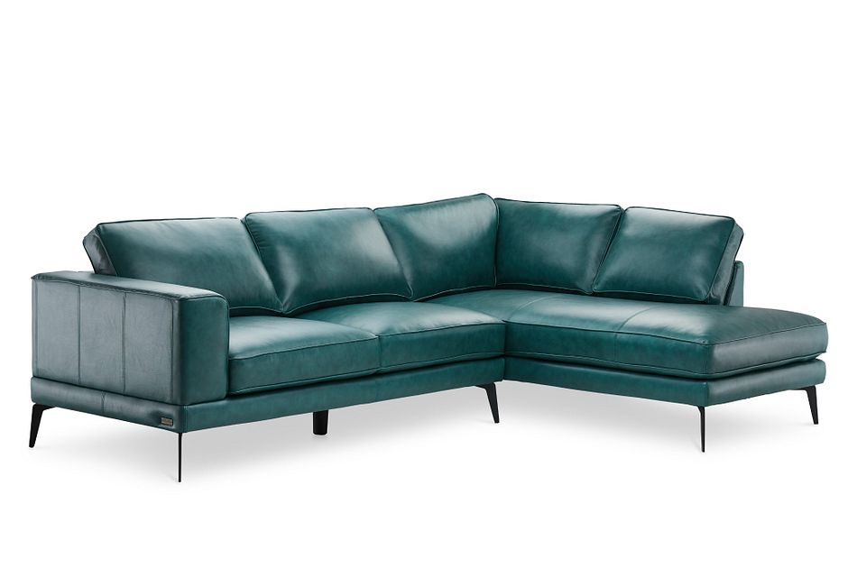 Naples Turquoise Leather Right Chaise Sectional With Black Legs Living Room Sectionals City Furniture Naples Turquoise Leather Right Chaise, Teal Leather Sectional Sofa