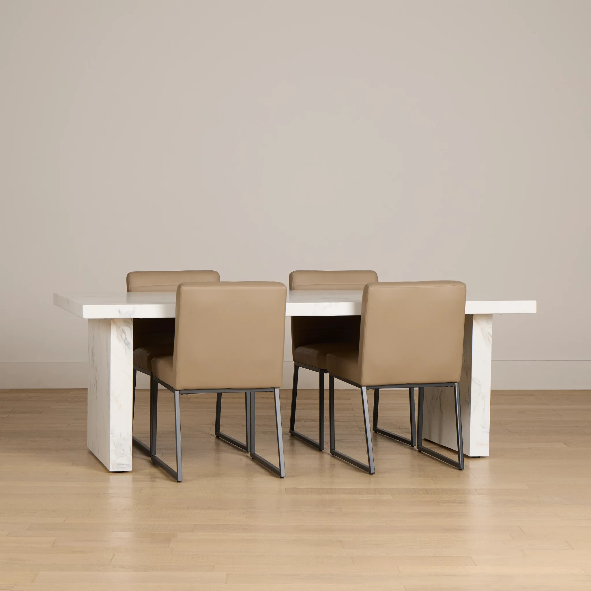 Viscaya White Table & 4 Light Taupe Upholstered Chairs