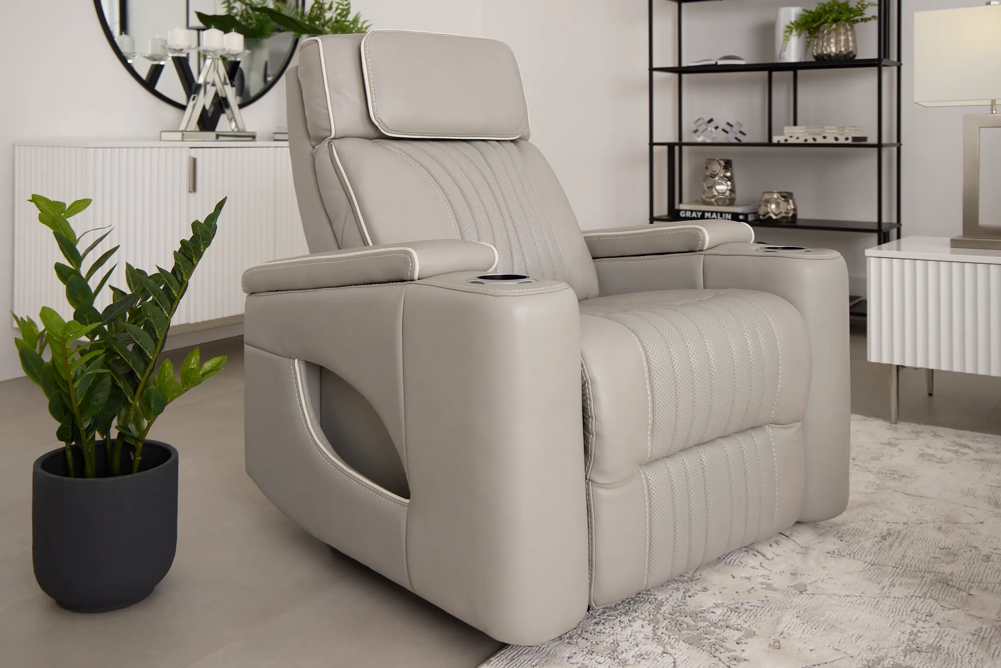 Nova Light Gray Lthr/vinyl Power Recliner W/ Massage