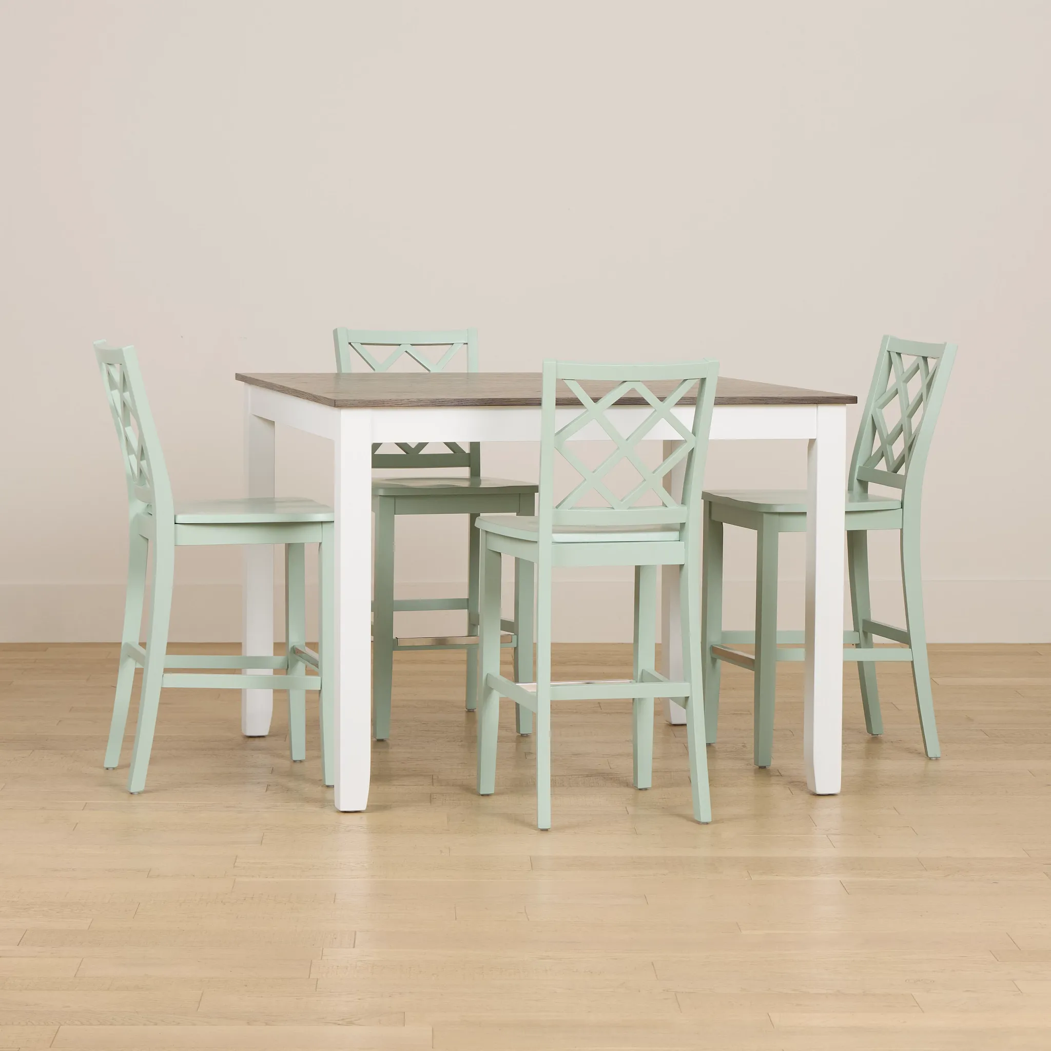 Edgartown Two-tone Square High Table & 4 Light Blue Wood Barstools
