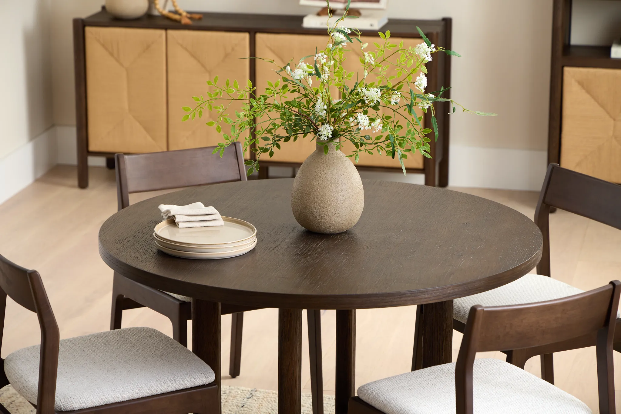 Santorini Dark Tone Round Table & 4 Upholstered Chairs