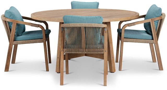 Laguna Light Tone Round Table & 4 Teal Cushioned Chairs