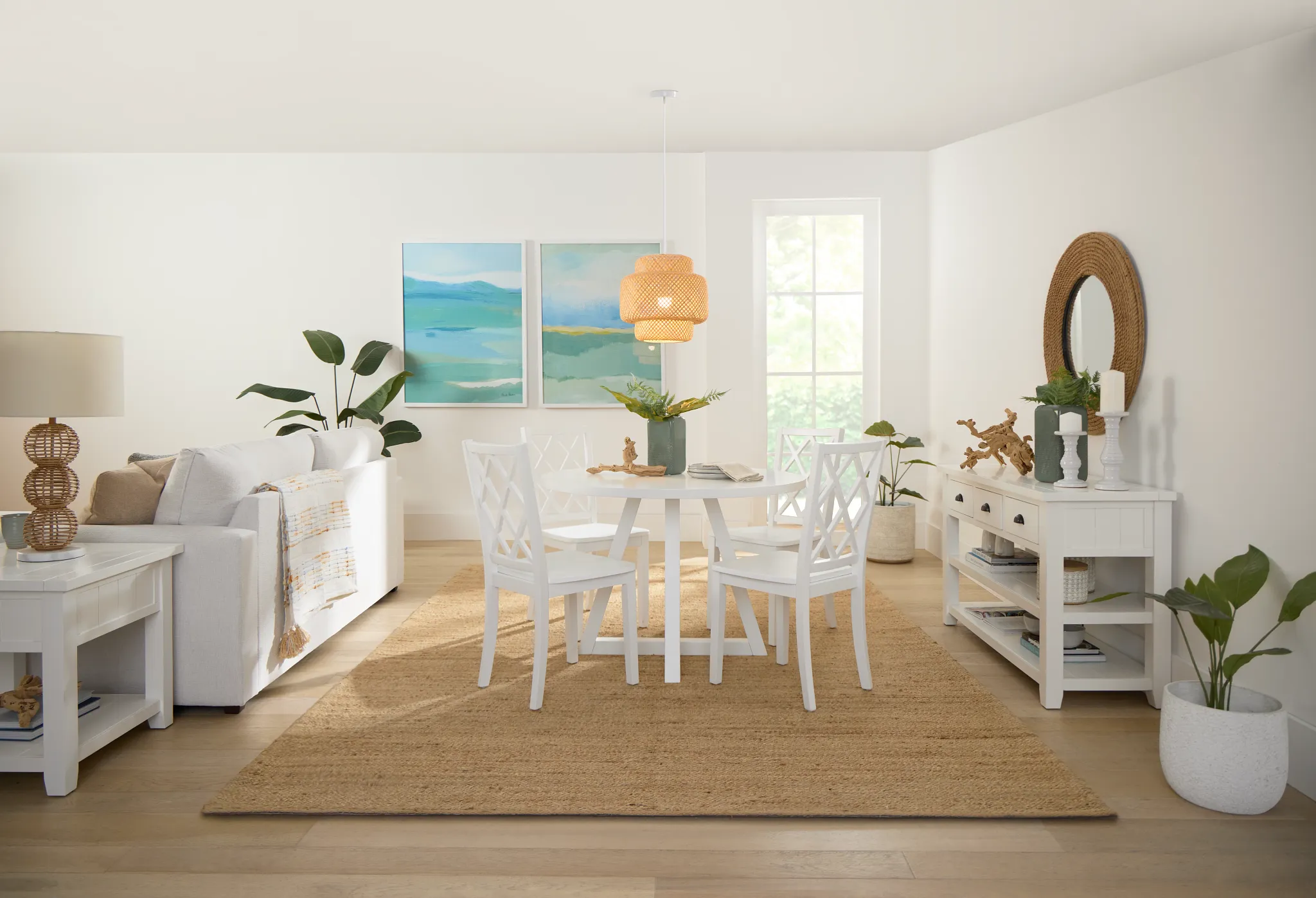 Edgartown White Round Table & 4 White Wood Chairs