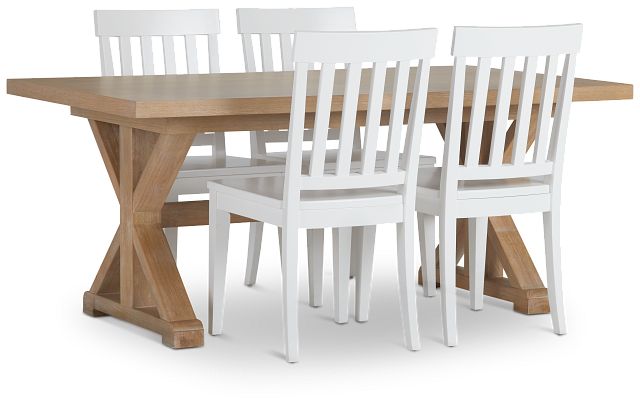 Nantucket Light Tone Trestle Table & 4 White Wood Chairs