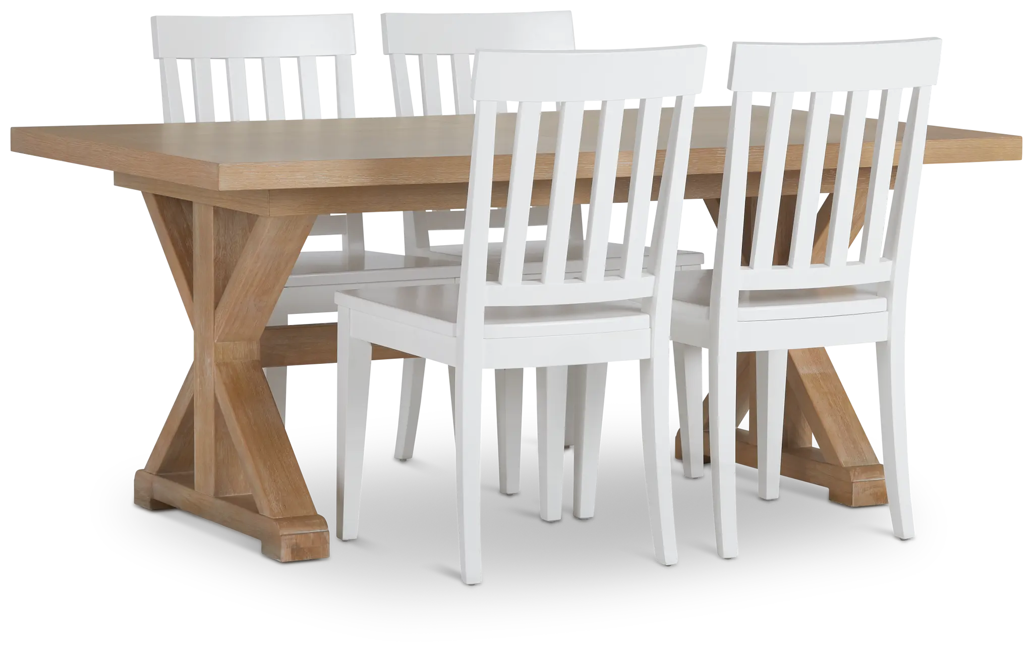Nantucket Light Tone Trestle Table & 4 White Wood Chairs Nantucket Light Tone Trestle Table & 4 White Wood Chairs