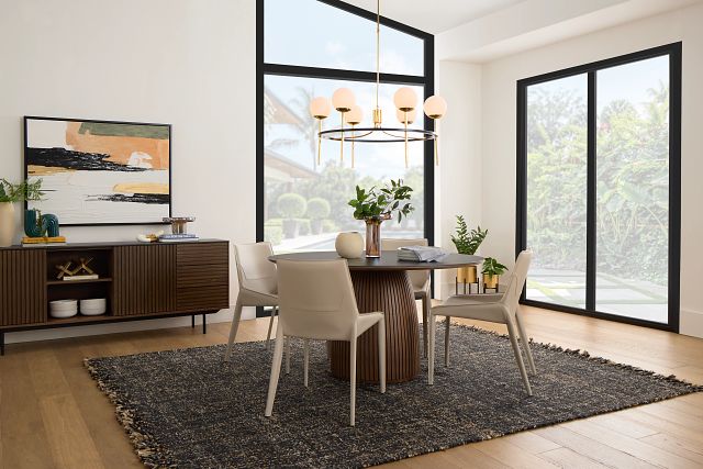 Wayne Two-tone Stone Round Table & 4 Light Beige Upholstered Chairs