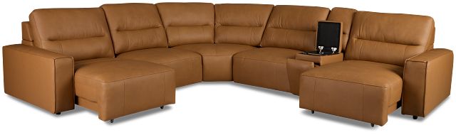 Rudy Brown Lthr/vinyl Medium Dual Power 2 Arm Extension Chaise Sectional