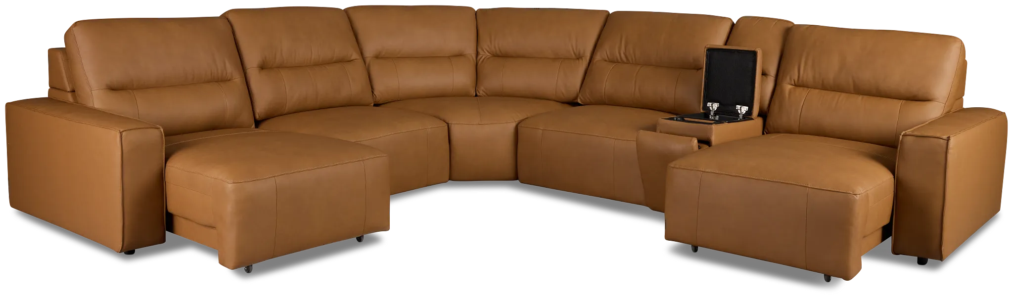 Rudy Brown Lthr/vinyl Medium Dual Power 2 Arm Extension Chaise Sectional