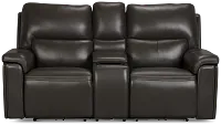 Fallon Dark Gray Lthr/vinyl Power Reclining Console Loveseat W/ Massage
