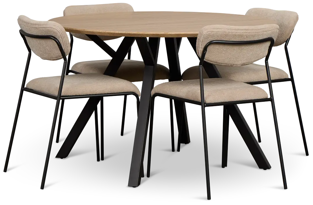 Lynden Light Tone Round Table & 4 Beige Metal Upholstered Side Chairs Lynden Light Tone Round Table & 4 Beige Metal Upholstered Side Chairs