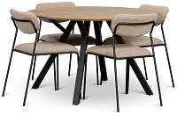 Lynden Light Tone Round Table & 4 Beige Metal Upholstered Side Chairs