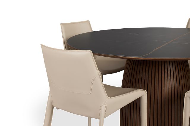Wayne Two-tone Stone Round Table & 4 Light Beige Upholstered Chairs