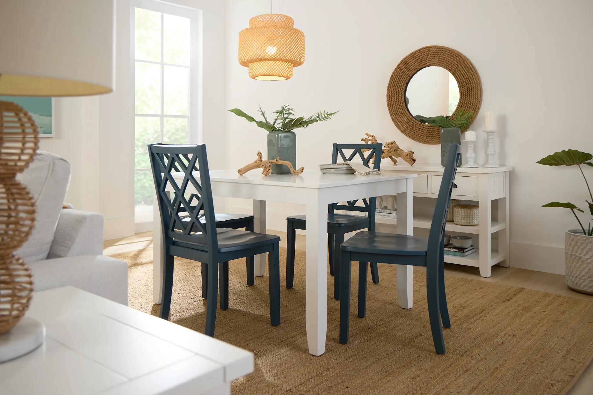 Edgartown White Rect Table & 4 Navy Wood Chairs