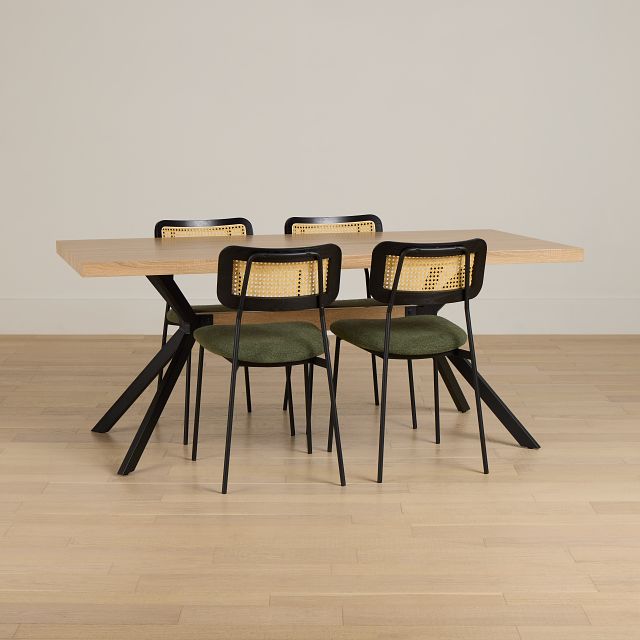 Lynden Light Tone Rect Table & 4 Green Woven Upholstered Side Chairs