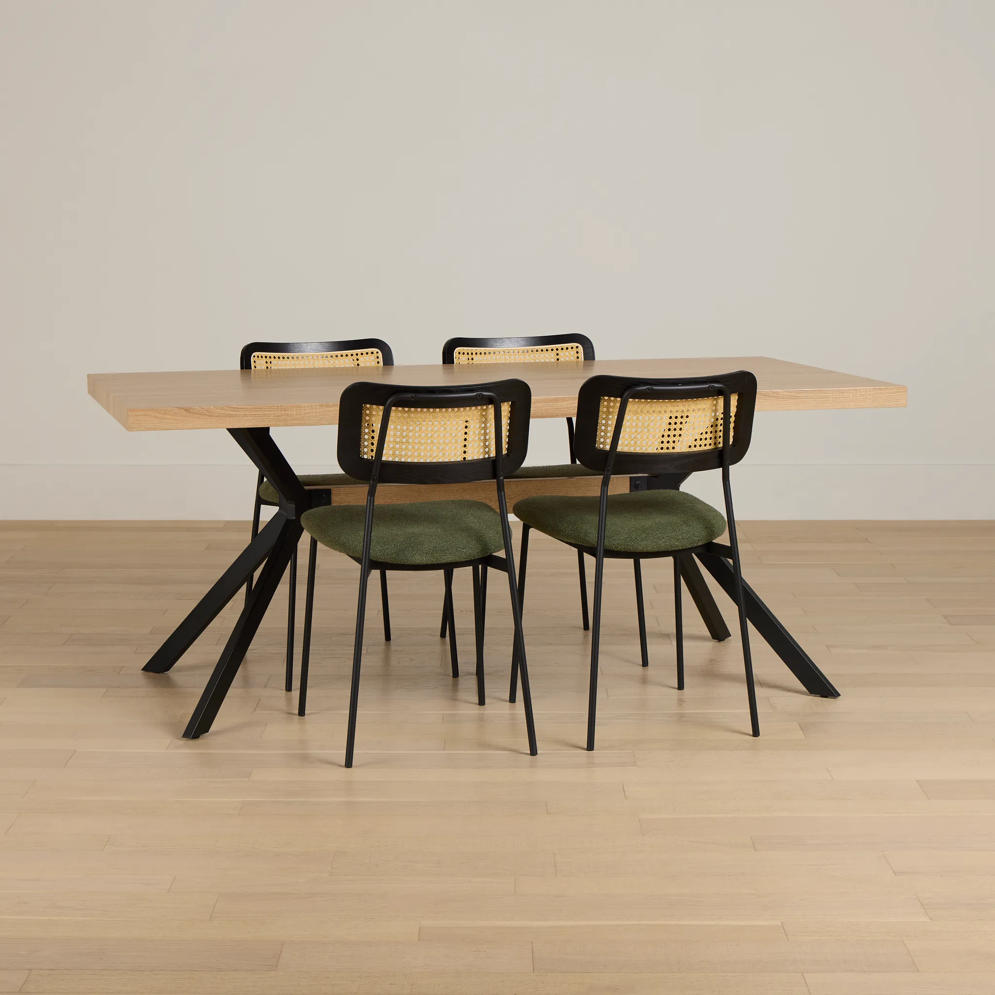 Lynden Light Tone Rect Table & 4 Green Woven Upholstered Side Chairs