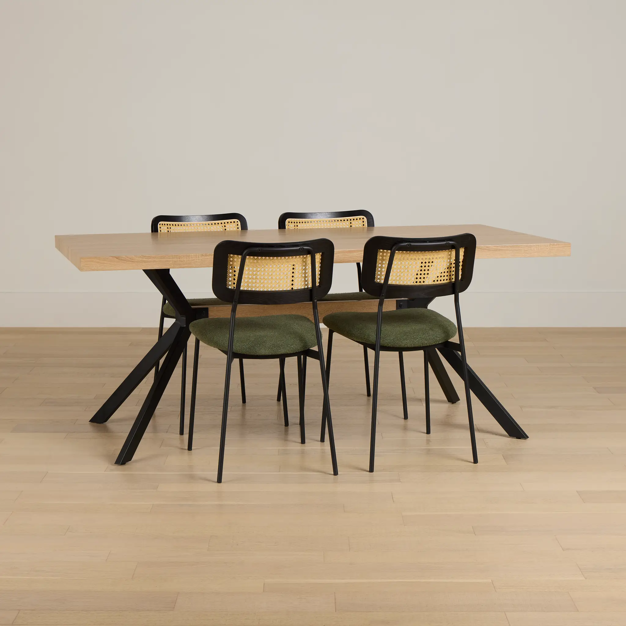 Lynden Light Tone Rect Table & 4 Green Woven Upholstered Side Chairs Lynden Light Tone Rect Table & 4 Green Woven Upholstered Side Chairs