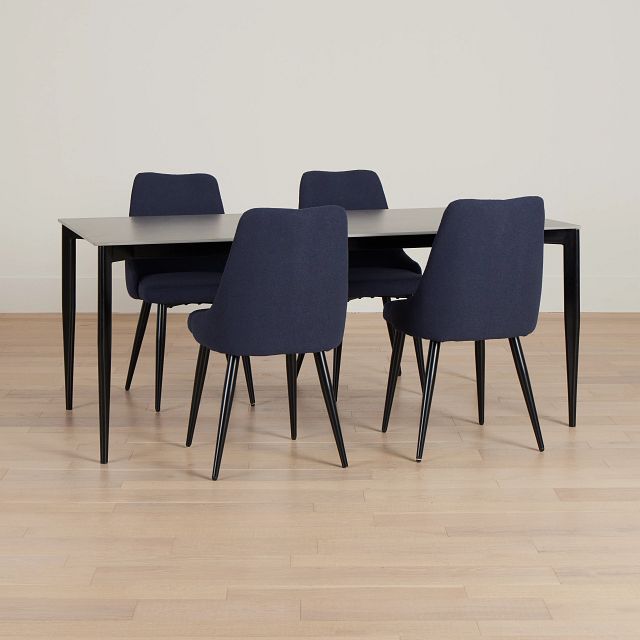 Andover Gray Rect Table & 4 Dark Blue Upholstered Curved Chairs