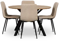Lynden Light Tone Round Table With 4 Beige Upholstered Side Chairs