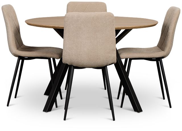 Lynden Light Tone Round Table With 4 Beige Upholstered Side Chairs
