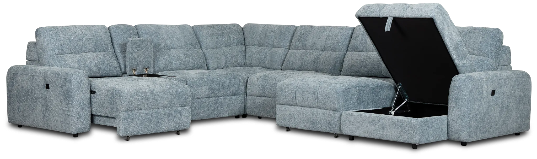 Hendrix Light Blue Fabric Large Dual Power Right Extension Chaise Sectional