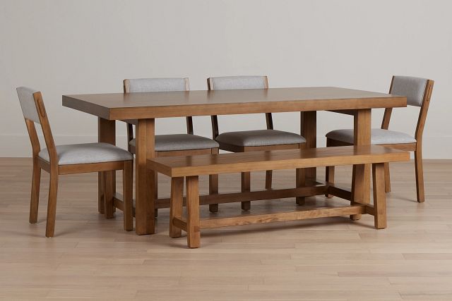 Vail Light Tone Trestle Table, 4 Chairs & Bench