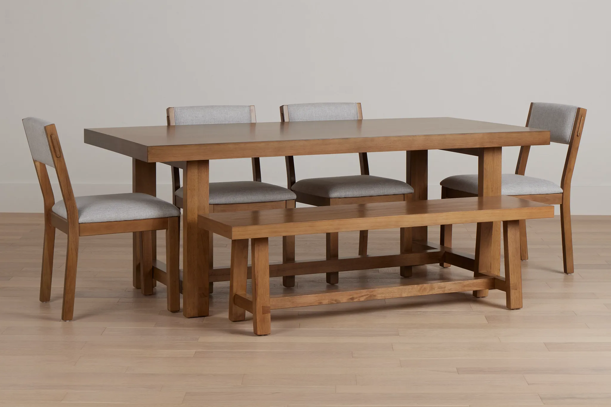 Vail Light Tone Trestle Table, 4 Chairs & Bench