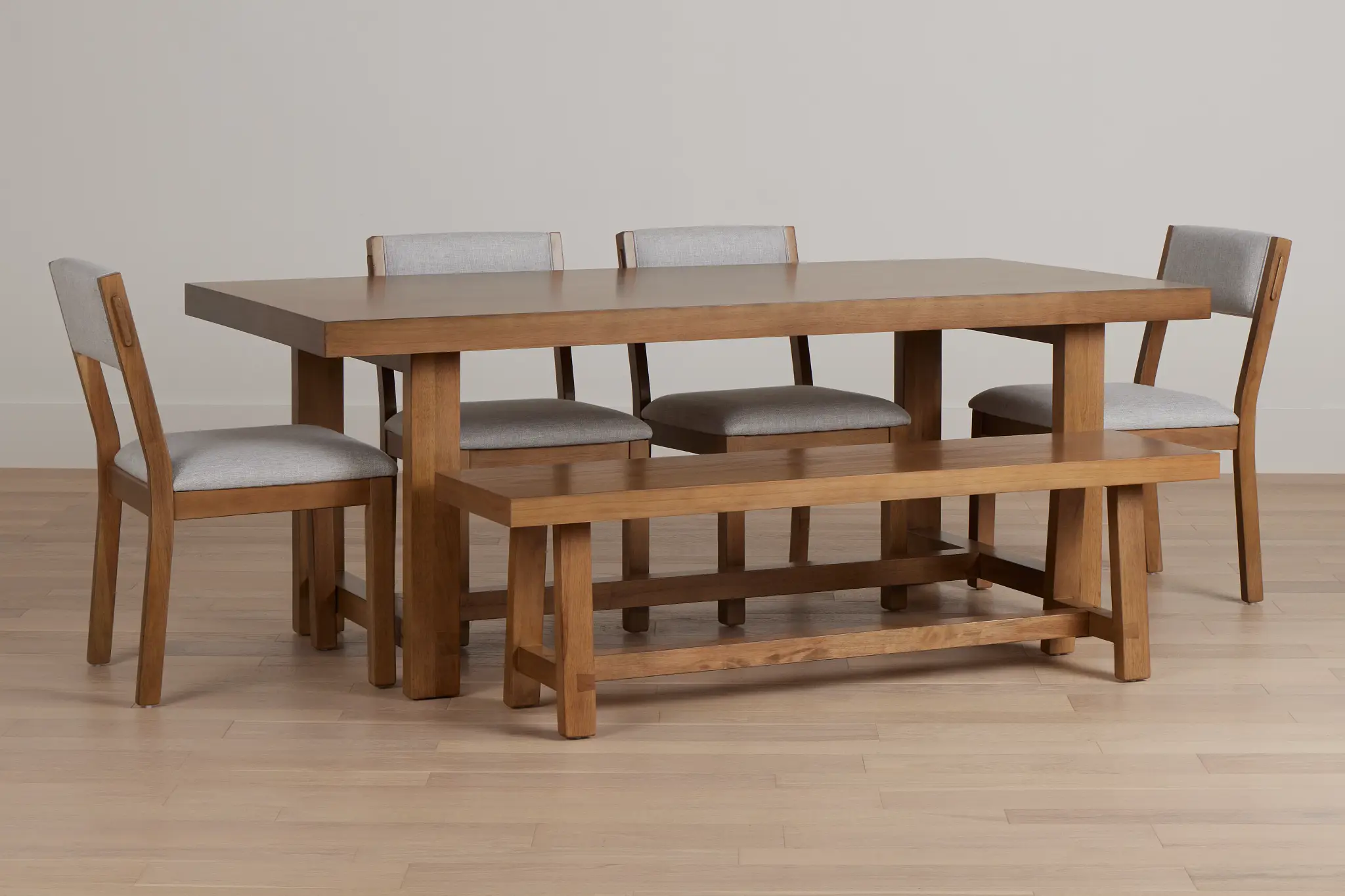 Vail Light Tone Trestle Table, 4 Chairs & Bench Vail Light Tone Trestle Table, 4 Chairs & Bench
