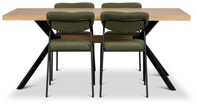 Lynden Light Tone Rect Table & 4 Green Metal Upholstered Side Chairs