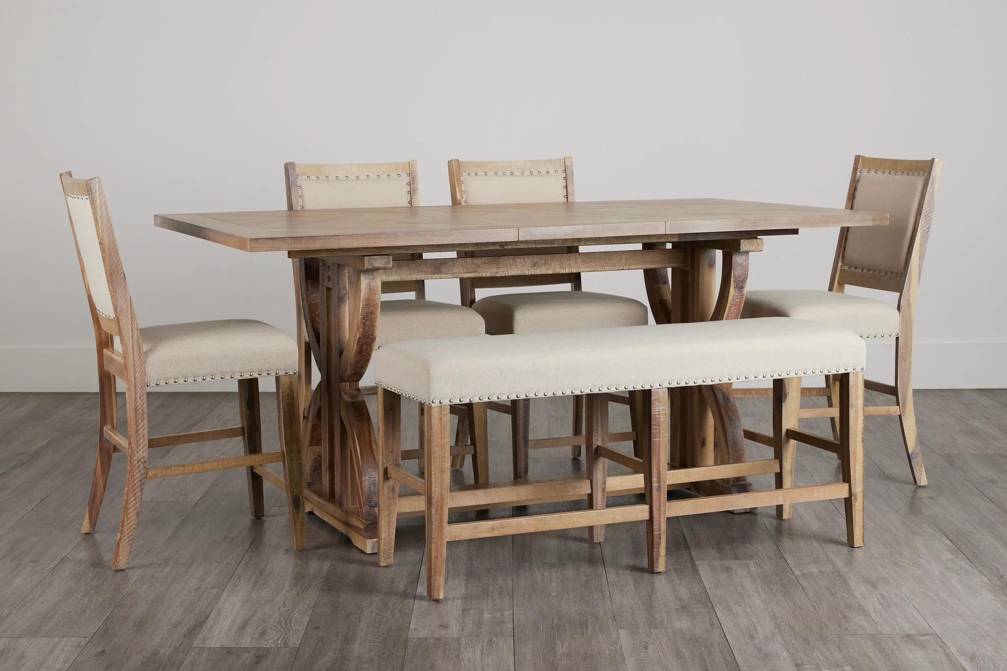 Joplin Light Tone Extension High Table, 4 Barstools & High Bench