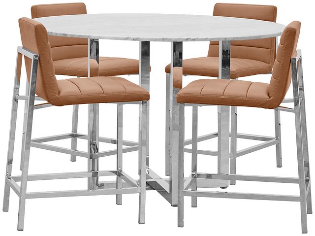 Amalfi Brown Marble High Table & 4 Upholstered Barstools
