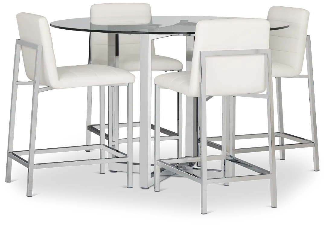 Amalfi White Glass High Table & 4 Upholstered Barstools