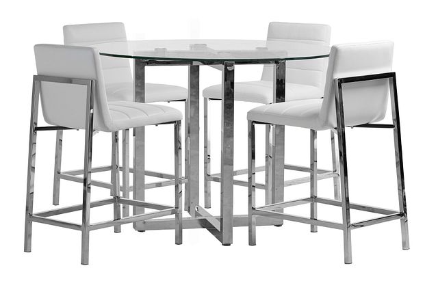 Amalfi White Glass High Table & 4 Upholstered Barstools