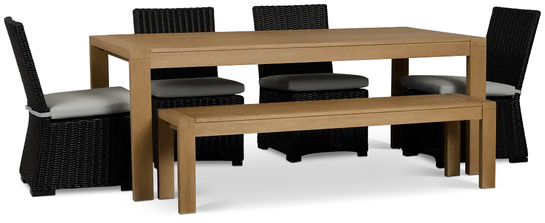 Montecito Mid Tone Table, 4 Chairs & Bench With Light Blue Cushions Montecito Mid Tone Table, 4 Chairs & Bench With Light Blue Cushions