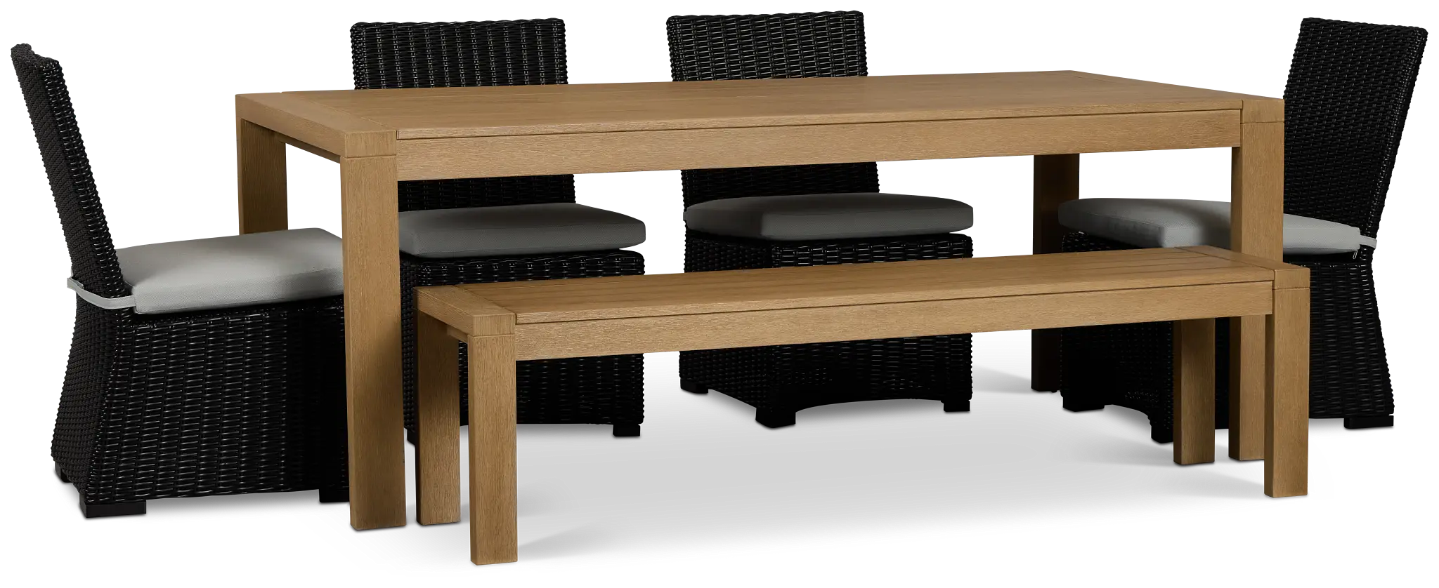 Montecito Mid Tone Table, 4 Chairs & Bench With Light Blue Cushions Montecito Mid Tone Table, 4 Chairs & Bench With Light Blue Cushions