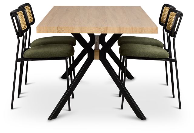 Lynden Light Tone Rect Table & 4 Green Woven Upholstered Side Chairs