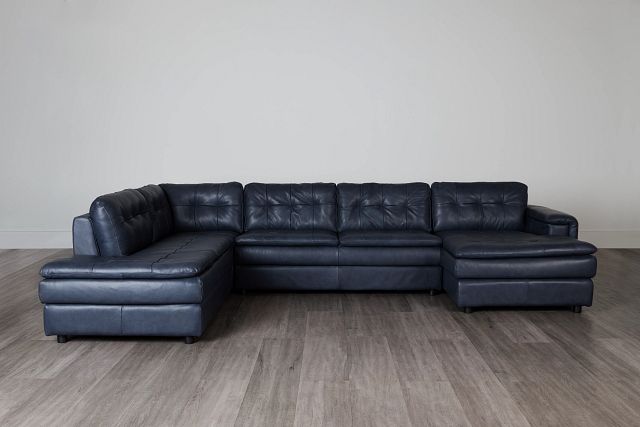 Rowan Navy Leather U-shaped Sectional W/ Left Bumper