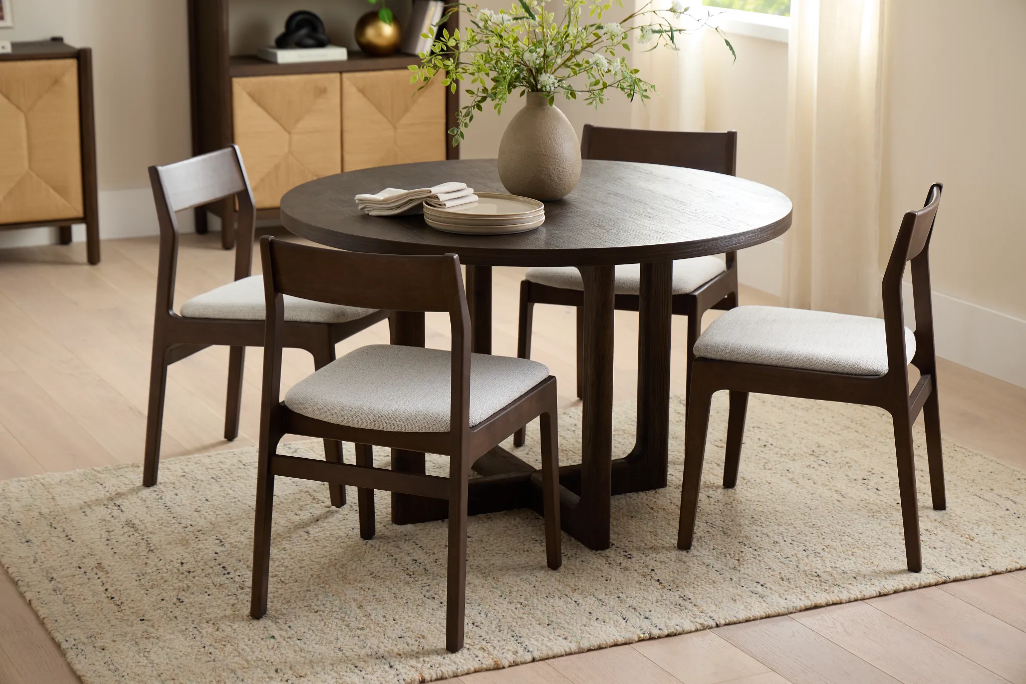 Santorini Dark Tone Round Table & 4 Upholstered Chairs